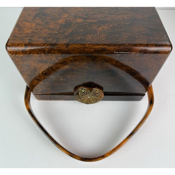 Wilardy Wood Grained Lucite Purse Handbag Vtg Authentic Handle Flower Clasp 50s - Picture 13 of 16